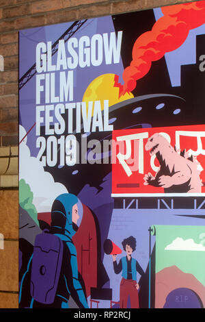 Glasgow, Schottland, Großbritannien. 20. Februar, 2019. Glasgow Film Festival 2019 (GFF) hat an der Glasgow Film Theatre (GFT), an diesem Abend geöffnet, mit einem Screening von Mitte der 90er Jahre. Dies war der UK Premiere des Films, Teil der Gala Strang, die durch Jonah Hill geschrieben wurde und geleitet. Mitte der 90er Jahre ist "Ein warmer, ausgelassener Feier der unbändigen, nie - Sagen - sterben Geist [eines 13-jährigen Jungen]." GFF läuft noch bis zum 3. März, 2019. Iain McGuinness/Alamy leben Nachrichten Stockfoto