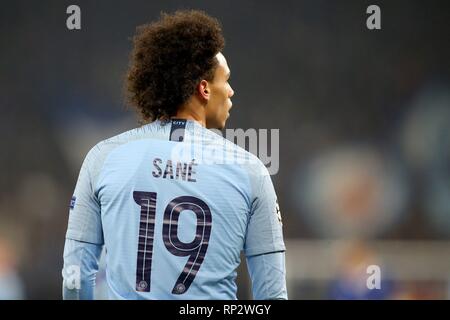 Gelsenkirchen, Deutschland. 20 Feb, 2019. firo: 20.02.2019, Fußball, UEFA Champions League, Saison 2018/2019, Achtelfinale, Hinspiel, FC Schalke 04 - Manchester City, Leroy SANE, Manchester City, Portrait, Profil, die Hälfte Abbildung, Mimik, | Verwendung der weltweiten Kredit: dpa/Alamy leben Nachrichten Stockfoto