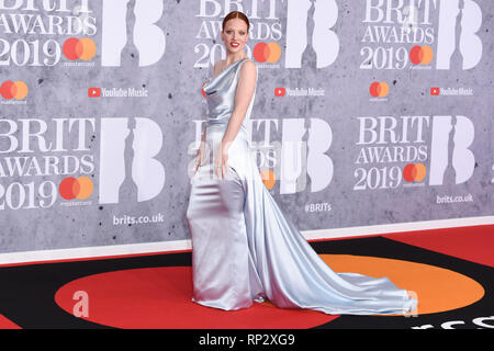 LONDON, GROSSBRITANNIEN. Februar 20, 2019: Jess Glynne für die BRIT Awards 2019 in der O2 Arena, London anreisen. Bild: Steve Vas/Featureflash *** EDITORIAL NUR VERWENDEN *** Stockfoto