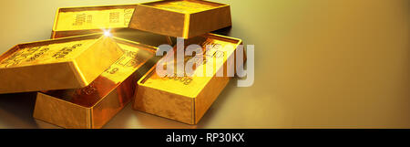 Glänzendes Gold Bars in der Nähe. 3D-Rendering Stockfoto