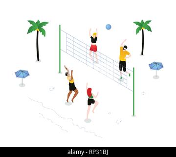 Beachvolleyball - moderne und farbenfrohe isometrische Vector Illustration Stock Vektor