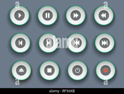 Player Buttons in Papier schneiden Stil eingestellt. Symbole für Play, Stop, Pause und bewegen Clip nach vorn und zurück. Stock Vektor