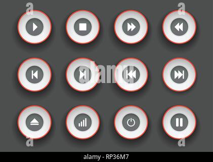 Player Buttons in Papier schneiden Stil eingestellt. Symbole für Play, Stop, Pause und bewegen Clip nach vorn und zurück. Stock Vektor
