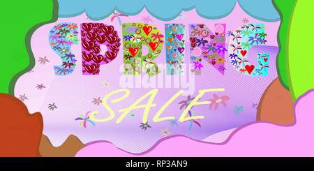 Frühling Verkauf Worte Poster mit schönen bunten Blume. Vector Illustration Vorlage. Banner. Tapete. Flyer, Einladungen, Poster, Broschüre, Gutschein Stock Vektor