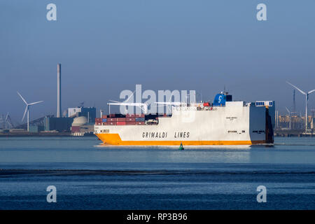 Grande Amburgo, Ro-Ro-Schiff von italienischen Unternehmen Grimaldi Lines Segeln auf der westlichen Schelde in Vlissingen, Zeeland, Niederlande Stockfoto