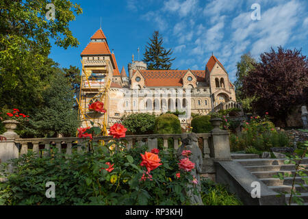 Bori Schloss in Szekesfehervar, Ungarn. Die Fassade des Gebäudes, Treppen und blühenden Rosen. Stockfoto