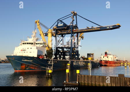 Die schwere Last Schiff Fairmaster ist mit einer Überladebrücke am 15. Februar 2019 im Hafen von Rotterdam geladen Stockfoto