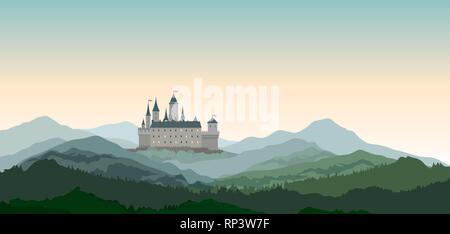 Schloss Berge Landschaft. Reisen ländliche Natur europäischen Hintergrund. Schloss Gebäude auf dem Hügel Skyline. Stock Vektor