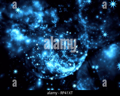 Abstrakt fractal Himmel oder Nebel - computer-generierten Unscharfes blaues Bild. Digitale Kunst: Chaos Punkte, Kurven und Sterne. Science Fiction oder esoterischen Thema Stockfoto