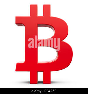 Red Bitcoin Zeichen auf weißem Hintergrund, 3D-Rendering, 3D-Darstellung Stockfoto