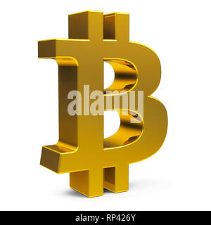 Golden Bitcoin Zeichen auf weißem Hintergrund, 3D-Rendering, 3D-Darstellung Stockfoto