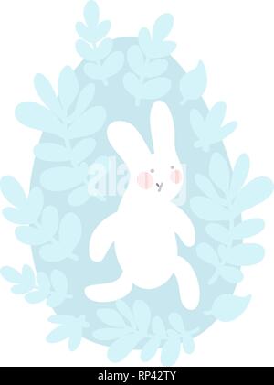 Cartoon Osterhasen und niedlichen Küken Ei mit Blätter und Zweige. Ostern oder Baumschule Vector Illustration. Sanft-grauen und blauen Pastellfarben. Stock Vektor