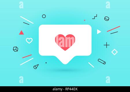 Benachrichtigungssymbol wie Sprechblase. Like-Symbol mit Herz, Like und Schatten für soziale Netzwerke auf rotem Hintergrund. Sprechblase, Poster Stock Vektor