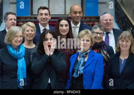 (Hintere Reihe von links nach rechts) Chris Leslie, Gavin Shuker, Chuka Umunna und Mike klafft, (mittlere Reihe, von links nach rechts) Angela Smith, Luciana Berger und Ann Coffey, (vordere Reihe, von links nach rechts) Sarah Wollaston, Heidi Allen, Anna Soubry und Joan Ryan, im Anschluss an eine Pressekonferenz für die unabhängige Gruppe, wo die Drei konservative Abgeordnete, Wollaston, Allen und Soubry, ihren Rücktritt aus der Partei angekündigt. Stockfoto