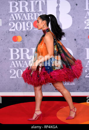 Jorja Smith die Teilnahme an der Brit Awards 2019 in der O2 Arena in London. Stockfoto