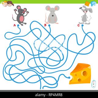 Cartoon Illustration von Maze Puzzle Aktivität Spiel mit Maus Tier Zeichen und Käse Stock Vektor