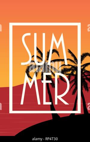 Postkarte mit tropischen Landschaft. Sommer Hintergrund Palmen Silhouette. Vector Illustration. Stock Vektor