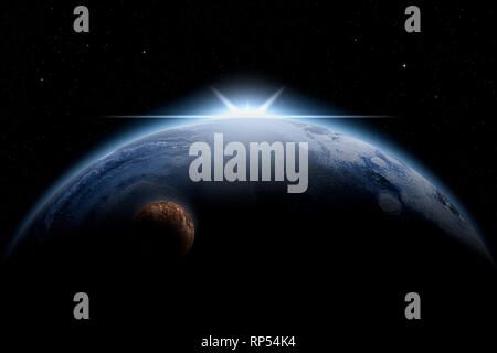 Riesige Ice Planet mit Light burst an seiner Oberseite und den Mond. Sci-fi Abbildung. Originale Kunstwerke, Künstler Vision. Stockfoto