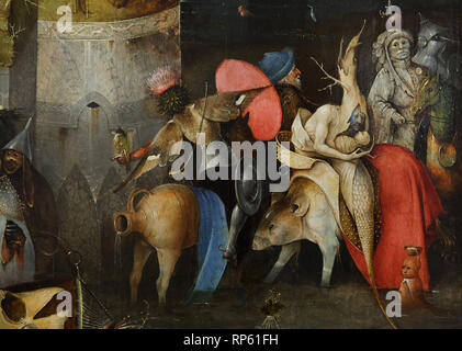 Detail der Altar Triptychon 'Versuchung des Heiligen Antonius" von der Niederländischen Renaissance Maler Hieronymus Bosch (1490-1500) in das Nationalmuseum für Alte Kunst (Museu Nacional de Arte Antiga) in Lissabon, Portugal. Stockfoto