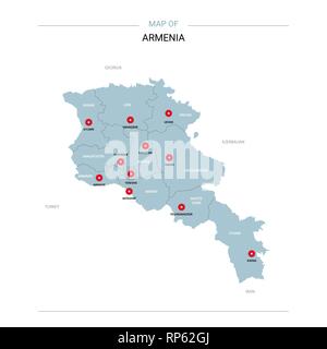 Armenien Vektorkarte. Editierbare Vorlage mit Regionen, Städte, rote und blaue Fläche auf weißem Hintergrund. Stock Vektor