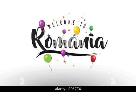 Rumänien Willkommen bei Text mit bunten Luftballons und Sterne Design Vector Illustration. Stock Vektor