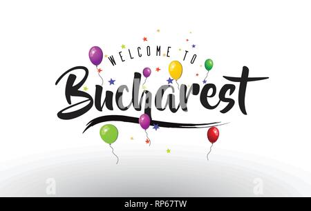 Bukarest Willkommen bei Text mit bunten Luftballons und Sterne Design Vector Illustration. Stock Vektor