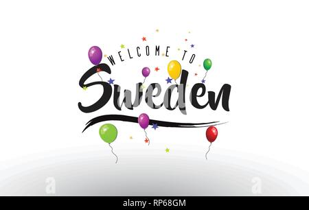 Schweden Willkommen bei Text mit bunten Luftballons und Sterne Design Vector Illustration. Stock Vektor