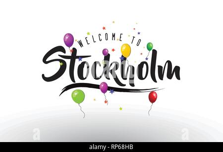 Stockholm Willkommen bei Text mit bunten Luftballons und Sterne Design Vector Illustration. Stock Vektor