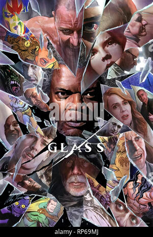 Glas (2019) unter der Regie von M.Night Shyamalan und Hauptdarsteller James McAvoy, Bruce Willis und Samuel L. Jackson. Stockfoto