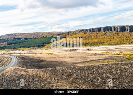 Wald von grünen Pinien in einer friedlichen Island Landschaft und Himmel auf Golden Circle mit Berg- und Straße Autobahn 32 Stockfoto