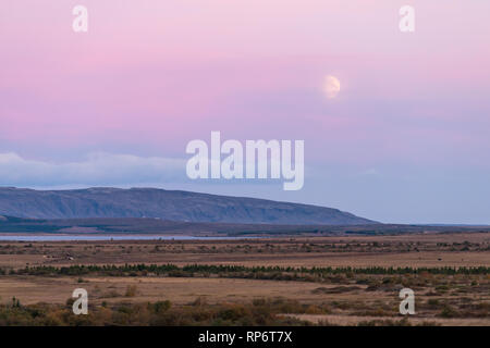 Landschaft Antenne hohen Betrachtungswinkel von Laugarvatn See Wasser auf Golden Circle in Island mit Nutztieren im Dorf während der Dämmerung rosa lila und Blu Stockfoto