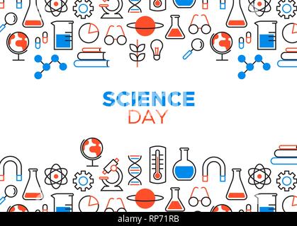 Tag der Wissenschaft Karte Abbildung. Umrisse Symbole in blauer Farbe für die wissenschaftliche Forschung zu feiern. Mit Mikroskop, Chemie Kolben und Bildung zu Stock Vektor