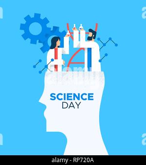 Welt der Wissenschaft Tag Karte Abbildung von Mann und Frau Wissenschaftler in der modernen Flachbild Cartoon Stil für wissenschaftliche Ausbildung Konzept. Stock Vektor