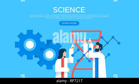 Wissenschaft Web landing page Template mit Labor Forschung Personen. Mann und Frau Wissenschaftler in der modernen Flachbild Cartoon Stil für wissenschaftliche Ausbildung Konzept. Stock Vektor