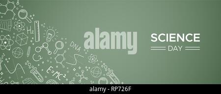 Tag der Wissenschaft Abbildung: Banner von Doodle Symbole auf Tafel Hintergrund für Bildung und Forschung. Stock Vektor