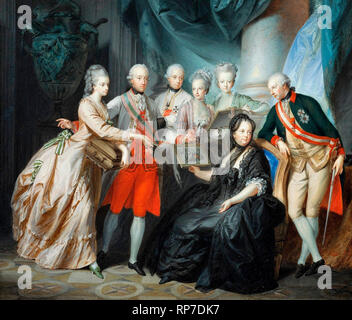 Kaiserin Maria Theresia mit Ihren Kindern - Kaiserin Maria Theresia (1717-1780) mit der Familie (Albert von Sachsen-Teschen und Marie Christine zeigen die Bilder zurück aus Italien geholt, und darüber hinaus, Maximilian, Maria Anna, Maria Elizabeth; lehnte sich gegen den Stuhl Joseph II.). Heinrich FÃ¼ger, ca. 1776 Stockfoto