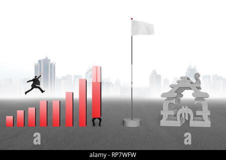 Mann über Bar Charts die Flagge mit Währung Haus grauen Stadtbild Hintergrund springen Stockfoto