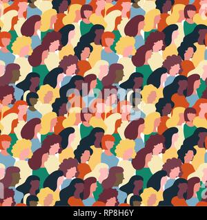 Internationaler Tag der Frauen nahtlose Muster von verschiedenen Frauen Gesichter. Bunte Mädchen Gruppe Hintergrund für gleiche Rechte März, feministischer Protest Ereignis oder div. Stock Vektor