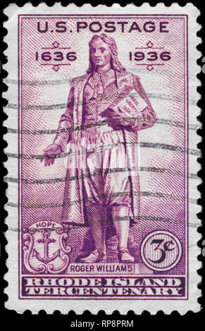 USA - ca. 1936: einen Stempel in den USA gedruckten zeigt die Statue von Roger Williams (1603-1683), Rhode Island Tercentenary Ausgabe, ca. 1936 Stockfoto