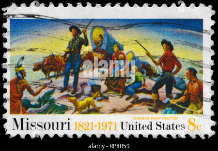 USA - ca. 1971: einen Stempel in den USA gedruckten zeigt Details von "Unabhängigkeit und die Öffnung des Westens", die von Thomas Hart Benton (1889-1975), ca. 1971 Stockfoto