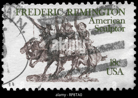 USA - ca. 1981: einen Stempel in den USA gedruckten zeigt die Skulptur "Kommen durch den Roggen", von Frederic Remington (1861-1909), US-amerikanischer Bildhauer, ca. 198 Stockfoto