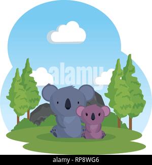 Kleine Familie Koalas in der Landschaft wilde Zeichen Vector Illustration Design Stock Vektor