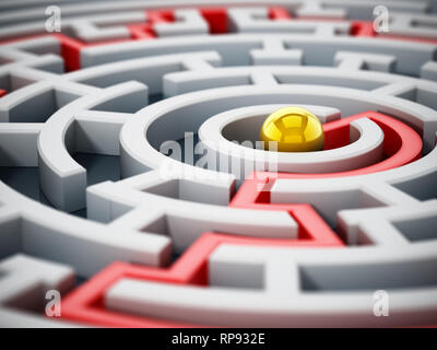 Rote Linie in der Mitte der Runde Labyrinth. 3D-Darstellung. Stockfoto