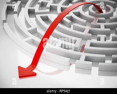 Rote Linie mit Pfeil aus der Runde Labyrinth führt. 3D-Darstellung. Stockfoto