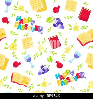 Passah nahtlose Muster (jüdische Feiertag Pesach). Hebräische Text: ein frohes Osterfest. Vector Illustration doodle Stil. Auf weissem Hintergrund. Stock Vektor
