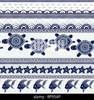 Stripe nahtlose Muster mit Meer unterwasser Tiere. Cute cartoon Schildkröten und Seesterne. Marine Hintergrund für Kinder. Vector Illustration. Perfekt für Textildruck, Tuch, Design und Stoff Stock Vektor