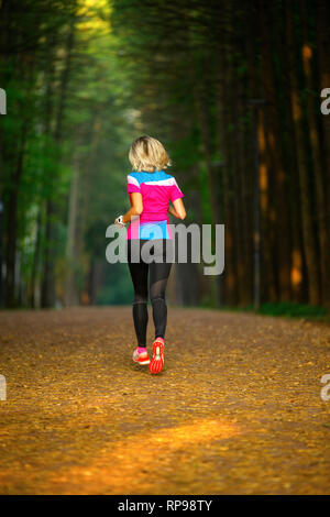 Foto von der Rückseite der Sport Frau durch Park unter Bäumen auf Sommer. Stockfoto