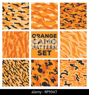 Orange camouflage Muster. Sammlung von 8 Seamless Pattern. vector Hintergrund Illustration für Banner, Hintergrund, Internet, Mode, Oberfläche design Stock Vektor
