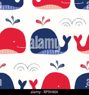 Skurril, Hand-Drawn mit Buntstiften, Rot und Blau Wale im Meer Vektor nahtlose Muster. Spaß Kinder und Babys nautische Hintergrund. Meer, Ozean Objekte Dr Stock Vektor