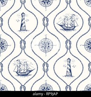 Vintage Hand-Drawn Seil Ogee Vektor nahtlose Muster mit Leuchtturm, Meer, Kompass, Schiff und nautischen Reef Knot. Blau und Rot Marine Rautenform Zurück Stock Vektor